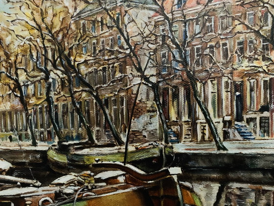 Image 1 of J.W. Barendswaard, "Boat On The Herengracht Amsterdam." Signed.