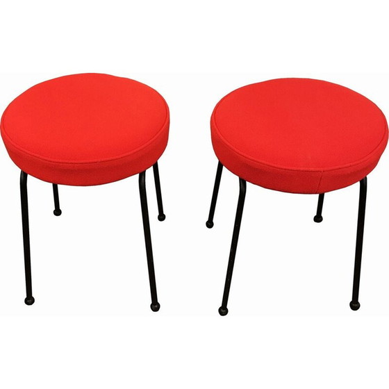 Image 1 of Pair of vintage stools in red wool and black metal 1950