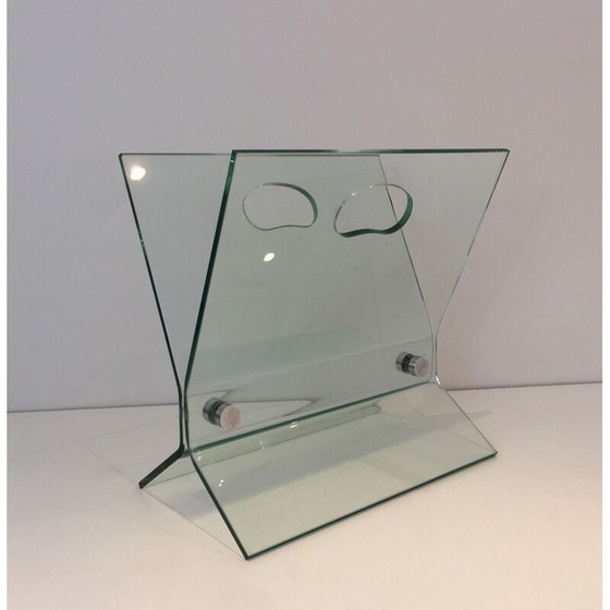 Image 1 of Vintage glass and brushed steel magazine rack, France 1970