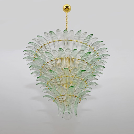 Mid-Century Modern Italian Murano Glass And Brass Palmette Chandelier