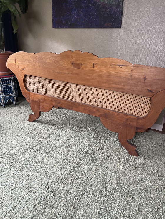 Image 1 of Javanese teak bench with carvings and webbing