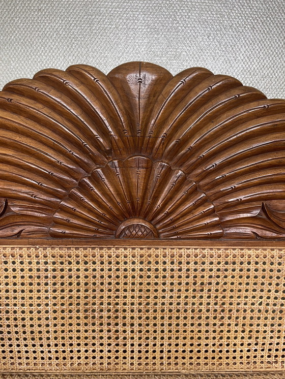 Image 1 of Javanese teak bench with carvings and webbing