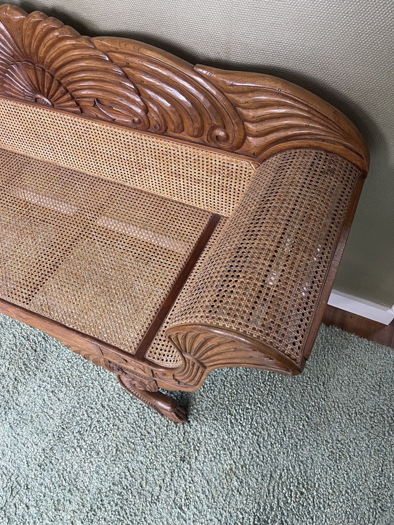 Image 1 of Javanese teak bench with carvings and webbing