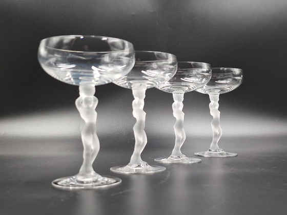 Image 1 of Cristalleries de Bayel, nu féminin, 4 coupes à champagne, 4 verres à liqueur