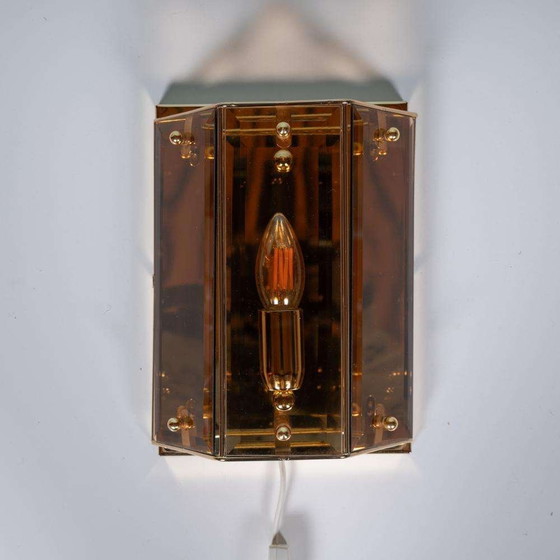 Image 1 of Lampada da parete vintage in ottone e vetro fumé