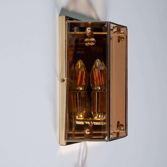 Image 1 of Lampada da parete vintage in ottone e vetro fumé