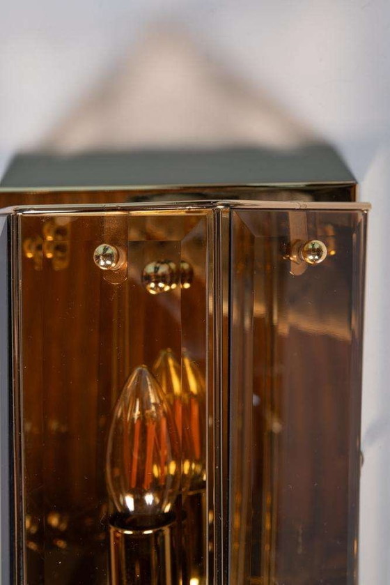 Image 1 of Lampada da parete vintage in ottone e vetro fumé