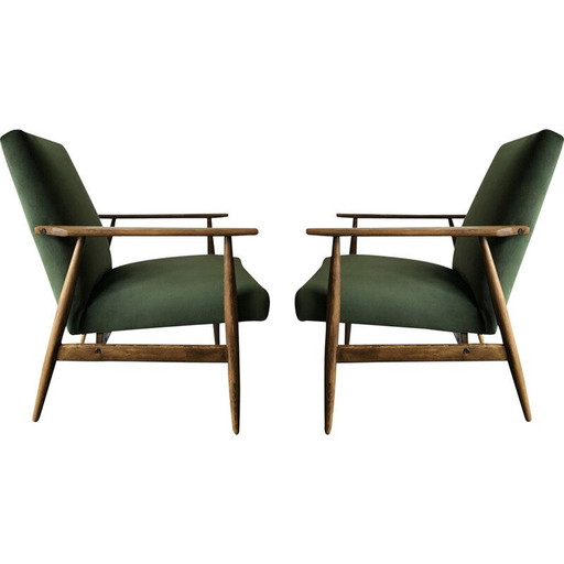 Pair of vintage beech and green velvet armchairs by Henryk Lis, 1960s