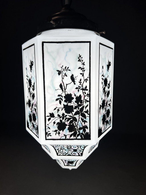 Lampada da soffitto Art Déco, opalina esagonale, circa 1925