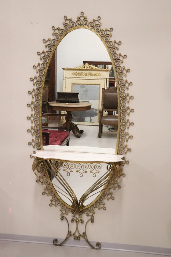 Image 1 of Floor Mirror In Iron With Consolle Table In Marble, 1950S
