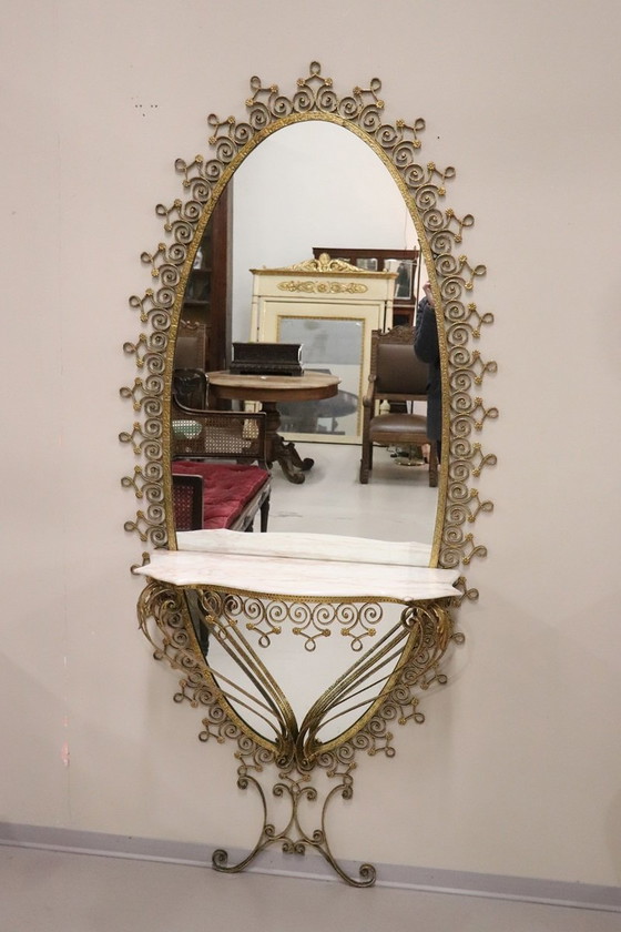 Image 1 of Floor Mirror In Iron With Consolle Table In Marble, 1950S
