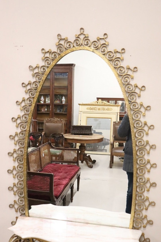 Image 1 of Floor Mirror In Iron With Consolle Table In Marble, 1950S