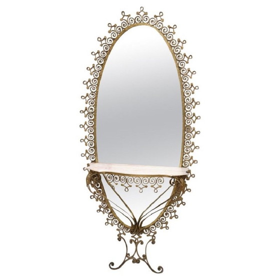 Image 1 of Floor Mirror In Iron With Consolle Table In Marble, 1950S