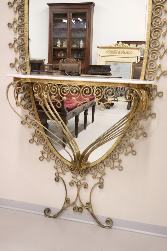 Image 1 of Floor Mirror In Iron With Consolle Table In Marble, 1950S