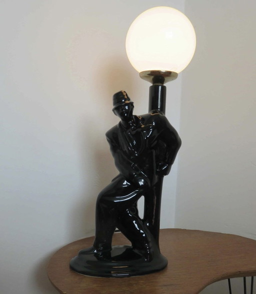 Large Black Ceramic and White Opaline Ball Lamp "Homme Au Lampadaire