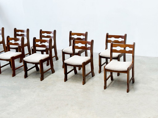 Set of ten brutalist razorback and bouclé dining chairs