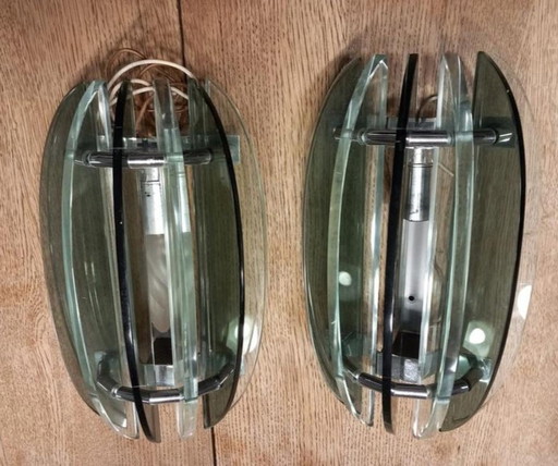 Pair Of Veca Wall Lights, Italy, 1970 Fontana Arte Design Smoked