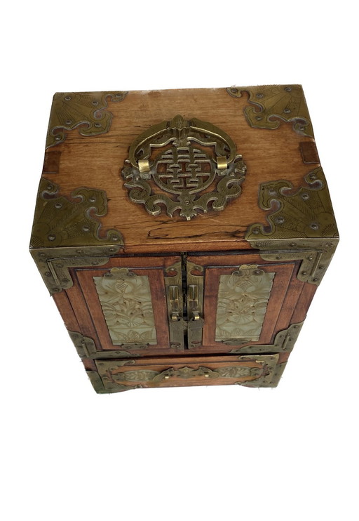 Antique Chinese Jewelry Box - Handmade Walnut With Brass & Jade Details (1960s)