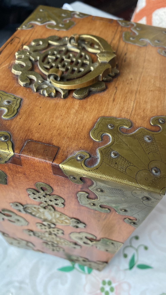 Image 1 of Antique Chinese Jewelry Box - Handmade Walnut With Brass & Jade Details (1960s)
