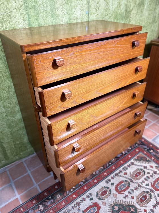 Image 1 of Mid Century retro vintage teck tall boy commode par Stag