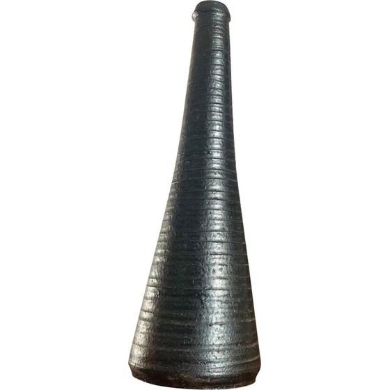 Image 1 of Vintage conical vase in black glazed earth with ringed pattern