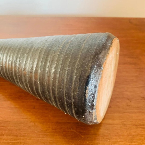 Image 1 of Vintage conical vase in black glazed earth with ringed pattern