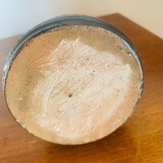 Image 1 of Vintage conical vase in black glazed earth with ringed pattern