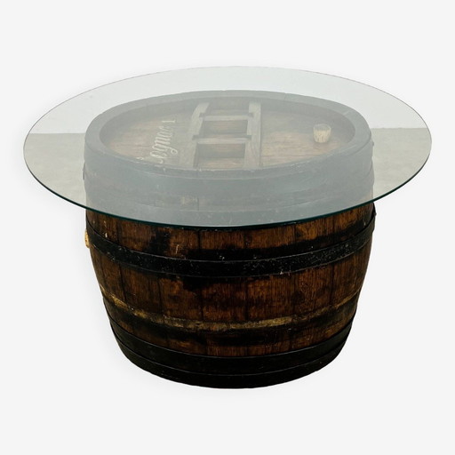 Cognac Barrel Coffee Table, Wood and Glass