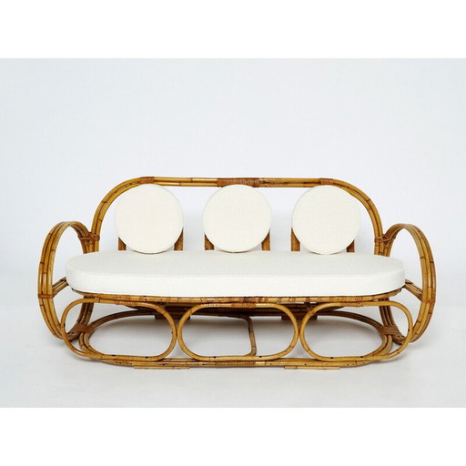 Vintage Italian 3-seater sofa and a footrest in bamboo and wool, 1960s