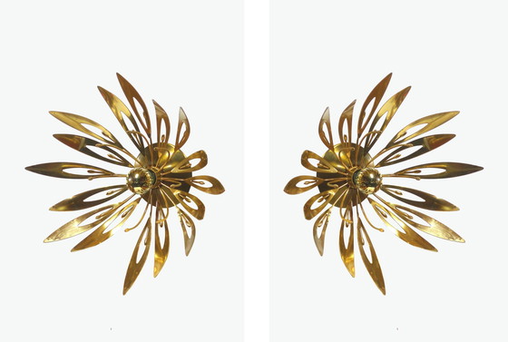 Image 1 of Pair Of Gold Flower Wall Lights 1970