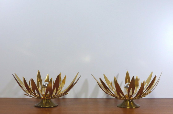 Image 1 of Pair Of Gold Flower Wall Lights 1970