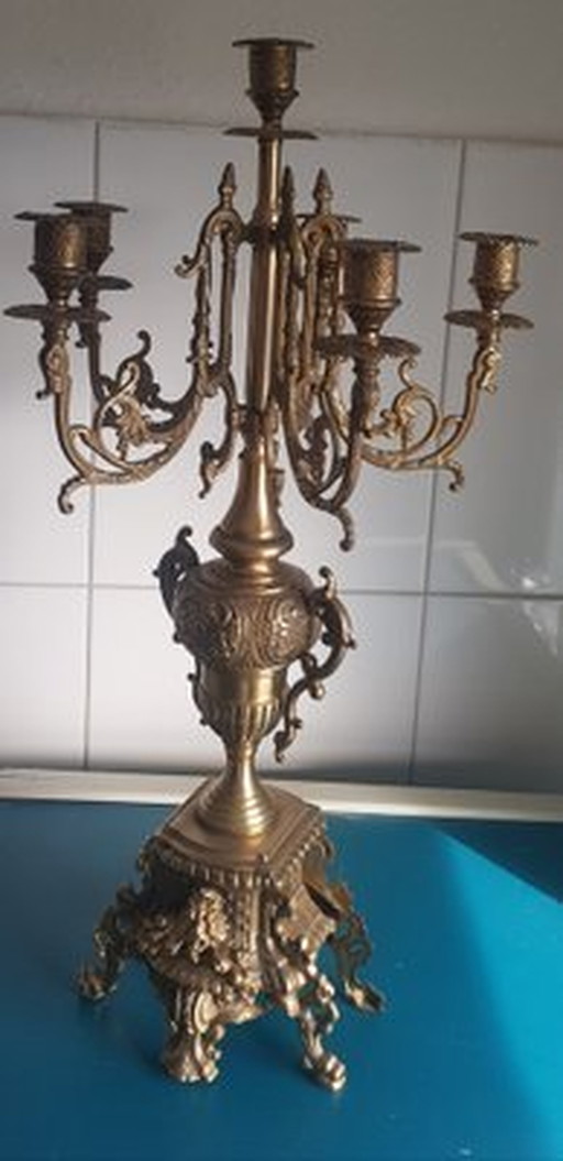 Baroque Six-Armed Candleholder In Brass