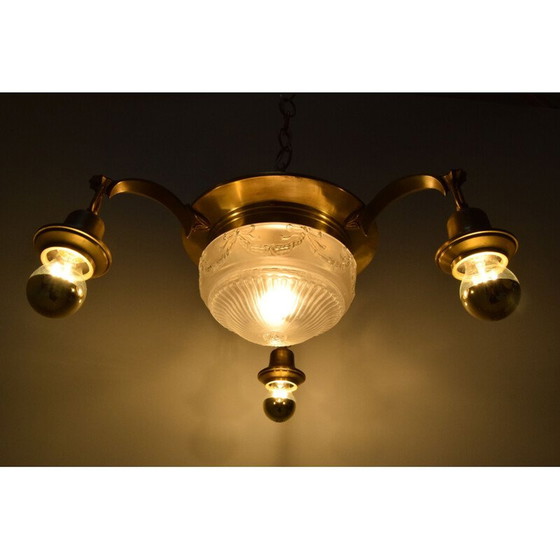 Image 1 of Vintage art deco glass and brass chandelier, Czech 1930