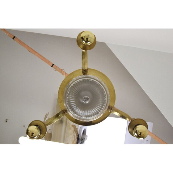 Image 1 of Vintage art deco glass and brass chandelier, Czech 1930