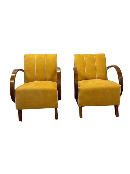 Set of 2 H-237 lounge chairs by J. Halabala - refurbished - yellow