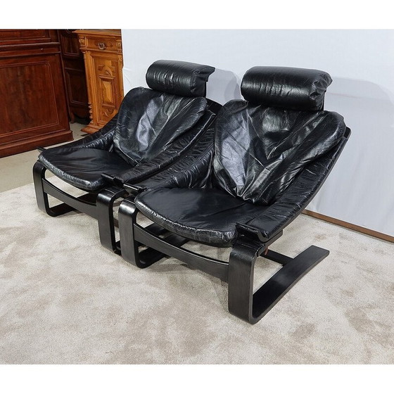Image 1 of Vintage black genuine leather "Kroken" living room set by Ake Fribytter for Nelo, Sweden 1974
