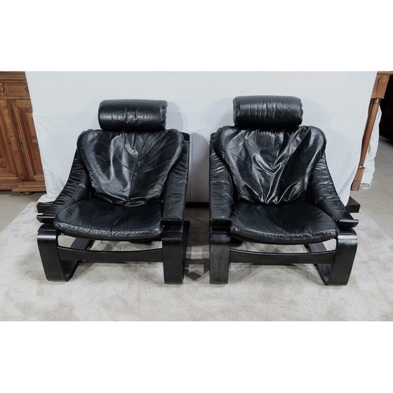 Image 1 of Vintage black genuine leather "Kroken" living room set by Ake Fribytter for Nelo, Sweden 1974