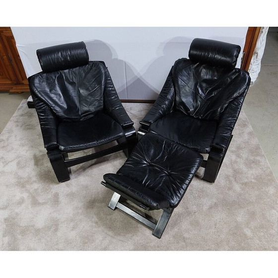 Image 1 of Vintage black genuine leather "Kroken" living room set by Ake Fribytter for Nelo, Sweden 1974