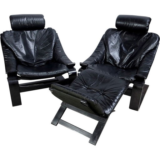 Vintage black genuine leather "Kroken" living room set by Ake Fribytter for Nelo, Sweden 1974