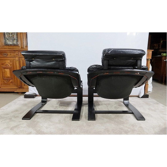 Image 1 of Vintage black genuine leather "Kroken" living room set by Ake Fribytter for Nelo, Sweden 1974