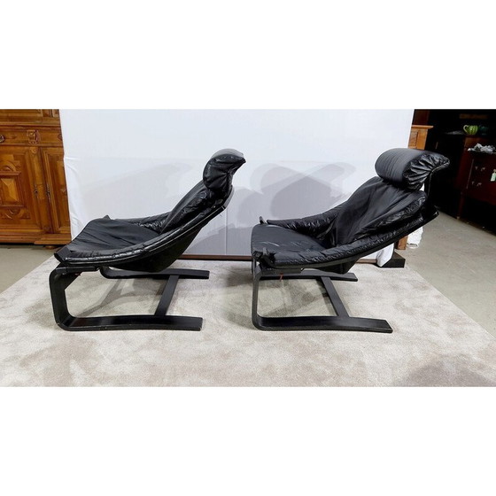 Image 1 of Vintage black genuine leather "Kroken" living room set by Ake Fribytter for Nelo, Sweden 1974
