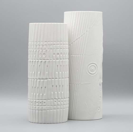 Image 1 of Werner Schreib Bamboo Relief Rosenthal Studio Line Bisque Porcelain Vase Duo Xl