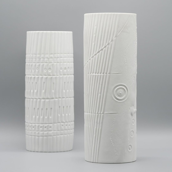 Image 1 of Werner Schreib Bamboo Relief Rosenthal Studio Line Bisque Porcelain Vase Duo Xl