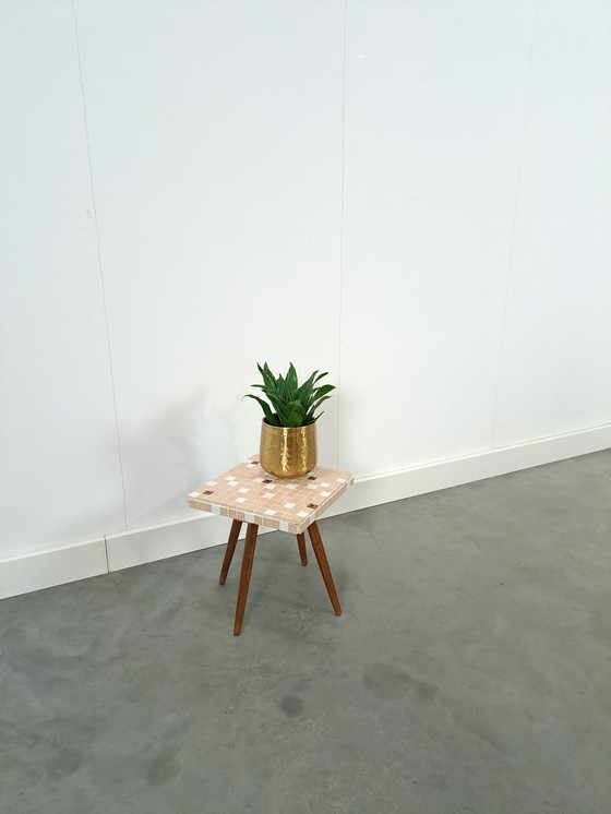 Image 1 of Side Table With Brown Beige Tile Top No. 8 Plant Table