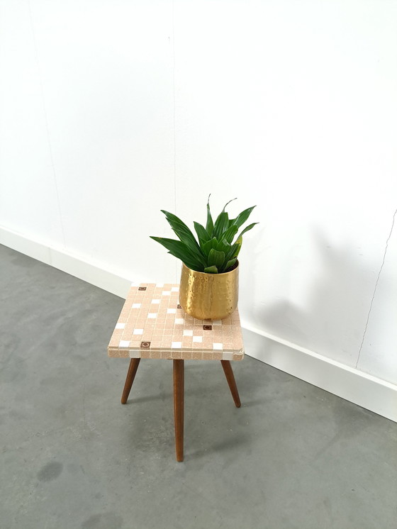 Image 1 of Side Table With Brown Beige Tile Top No. 8 Plant Table