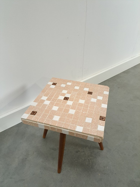 Image 1 of Side Table With Brown Beige Tile Top No. 8 Plant Table
