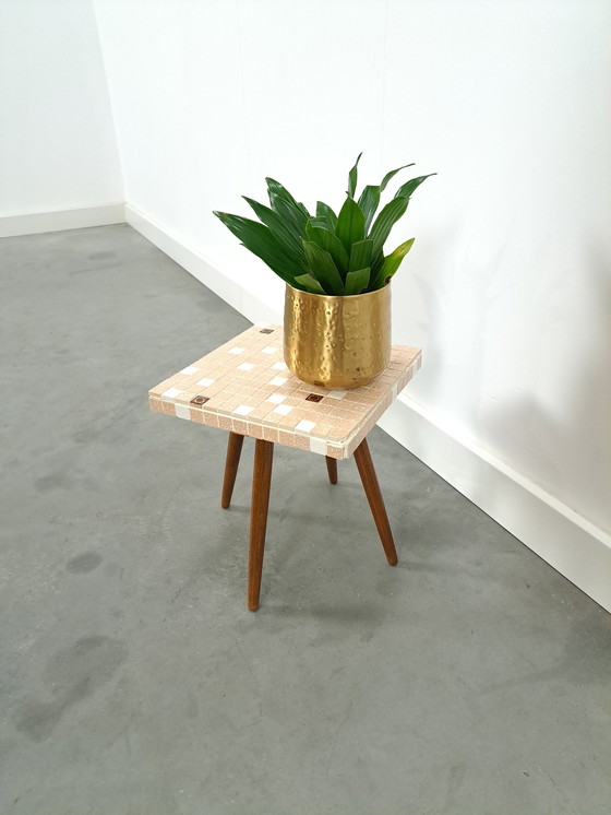 Image 1 of Side Table With Brown Beige Tile Top No. 8 Plant Table