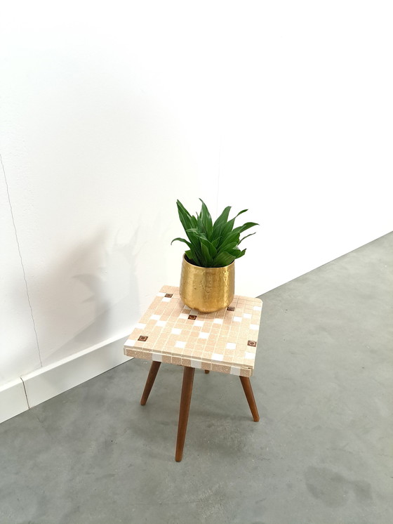 Image 1 of Side Table With Brown Beige Tile Top No. 8 Plant Table