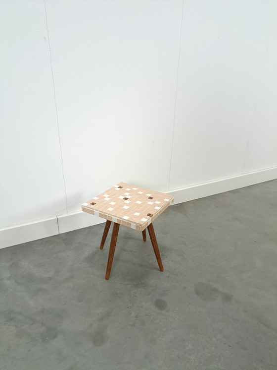 Image 1 of Side Table With Brown Beige Tile Top No. 8 Plant Table