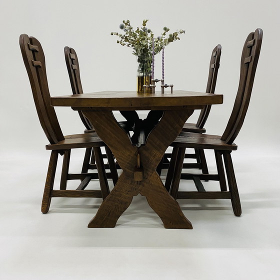 Image 1 of Brutalist Solid Oak Dining Room Set Art Furniture De Puydt 1970